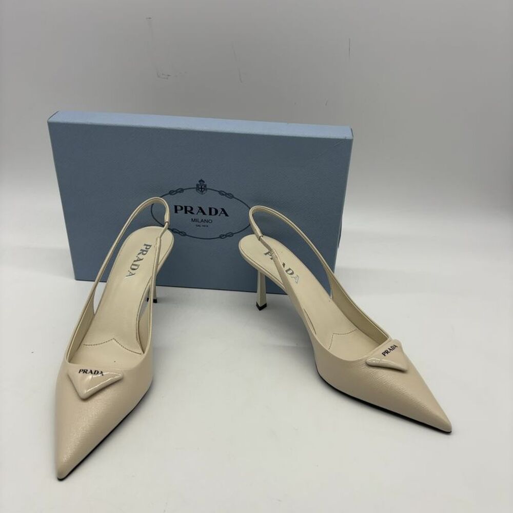 Prada Cream Pointed-Toe Slingback Pumps